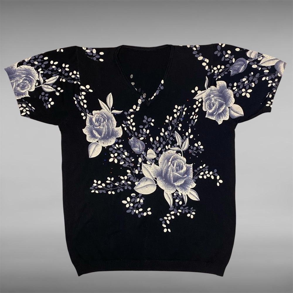 Black V-Neck Top with Floral Design and Multicoloured Embellishments